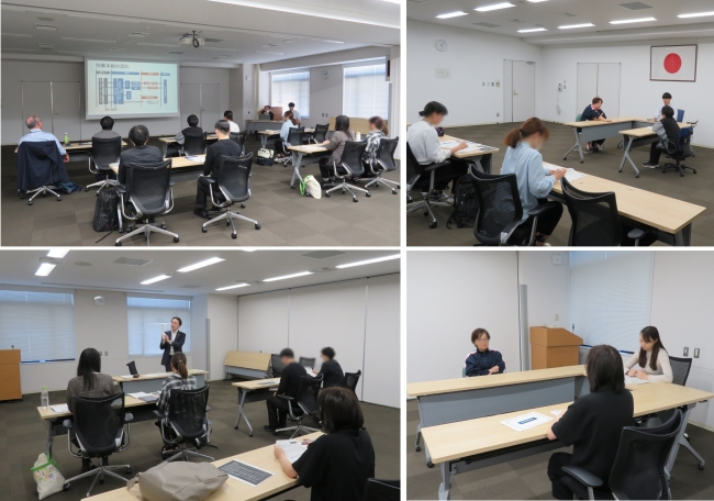 学生が検察官の業務等の説明を受ける様子、模擬取調べに取り組む学生の様子